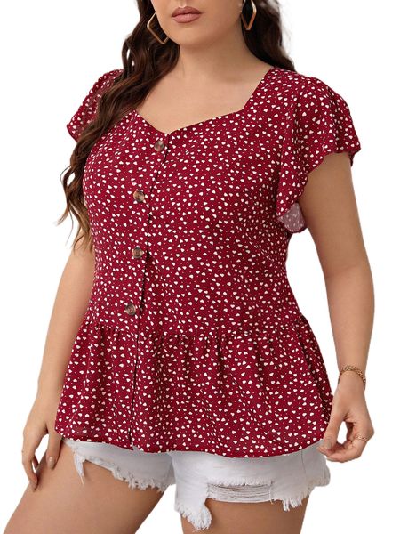 

plus confetti heart print ruffle sleeve peplum blouse e2zx#, Black