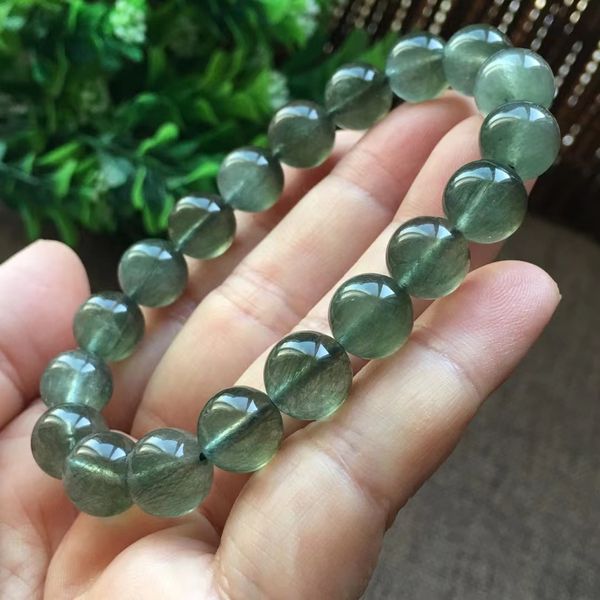 

natural green rutilated quartz gemstone bracelet 10mm women cat eye stretch crystal round beads aaaaa, Silver