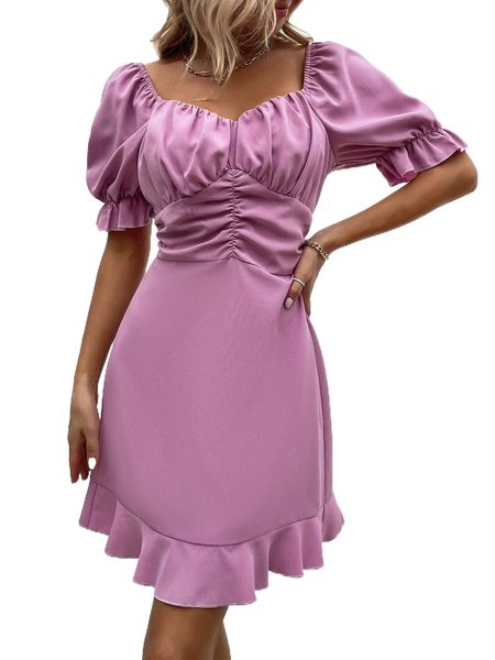

ruched puff sleeve ruffle hem dress l5t1#, Black;gray