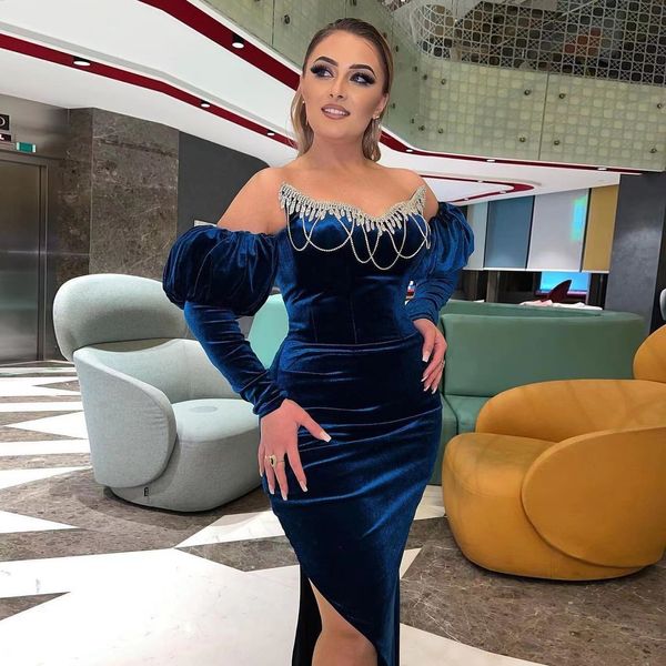 Azul elegante vestidos de baile para mulheres veludo sem alças fraldas de cristal manga longa alta chinelo comprimento da sereia vestido de festa de noite