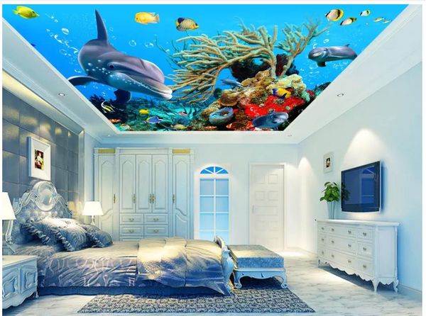 Papel de parede para celular para paredes 3d Mar Mar Mundo Dolphin Bubble Color Peixes de Coral Suspensão Zenith Teto Mural Sala de estar Quarto Decoração Home