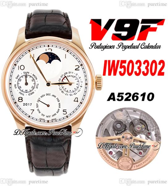 V9F 503302 Ewiger Kalender A52610 Automatik-Herrenuhr, Roségold, weißes Zifferblatt, Mondphase, Gangreserve, braunes Lederarmband, Super Edition Puretime G7