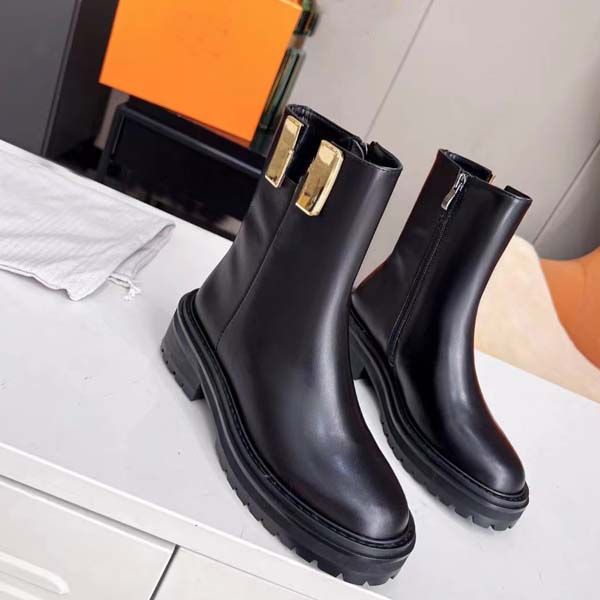 

level womens boots genuine leather round head metal buckle martin canister boot platform flat heel autumn and winter shoes size 35-41 with b, Black