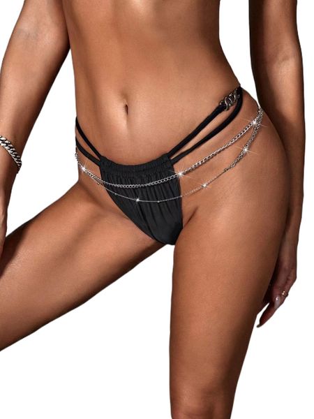 

o-ring chain detail high cut bikini bottom d2g8#, White;black