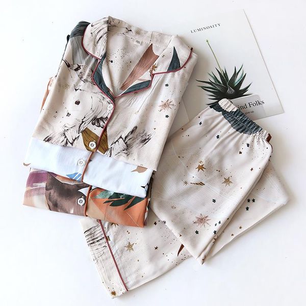 

soft sleepwear cotton pajamas women printed home clothes suit summer thin long sleeve female pijama autumn, Black;red