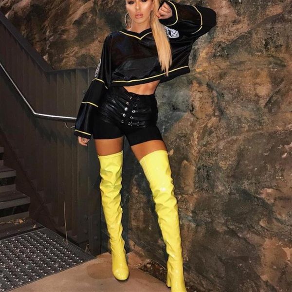 

autumn winter women's thigh high thick heel boots yellow black green purple rose red patent leather long boots female over kn1936