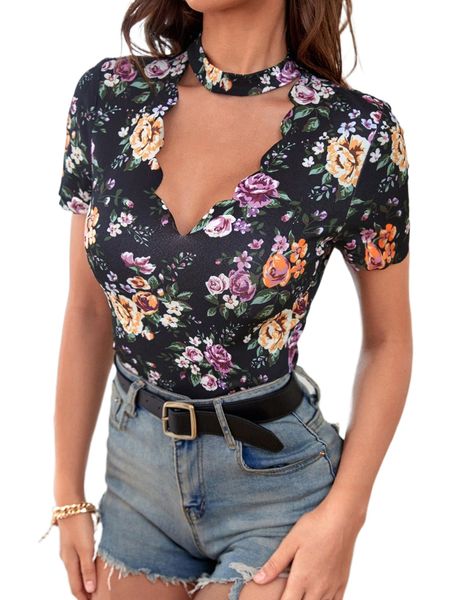 

floral print scallop trim tee o2rg#, White