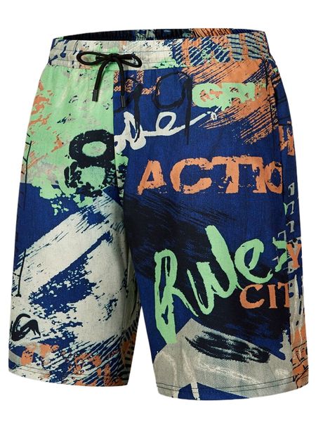 

men letter & brush print drawstring waist shorts 69hy#, White;black