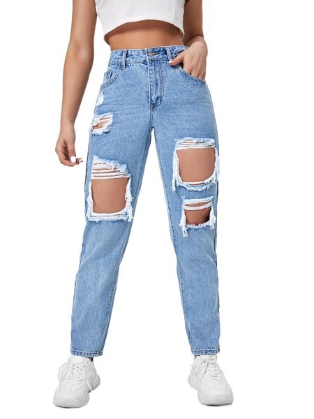 

ripped detail mom fit jeans d07m#, Blue