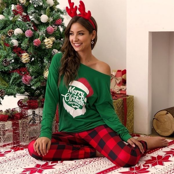 

christmas costume letters printed sleeve shirt plaid long pants casual pajamas women home service suit twopiece set y200425, Black;red