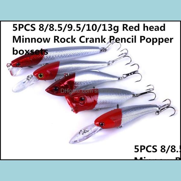 Iscas de iscas de pesca esportes ao ar livre 5pcs 8/8.5/9.5/10/13g Cabeça vermelha Minnow rock manivela lápis Popper Mista