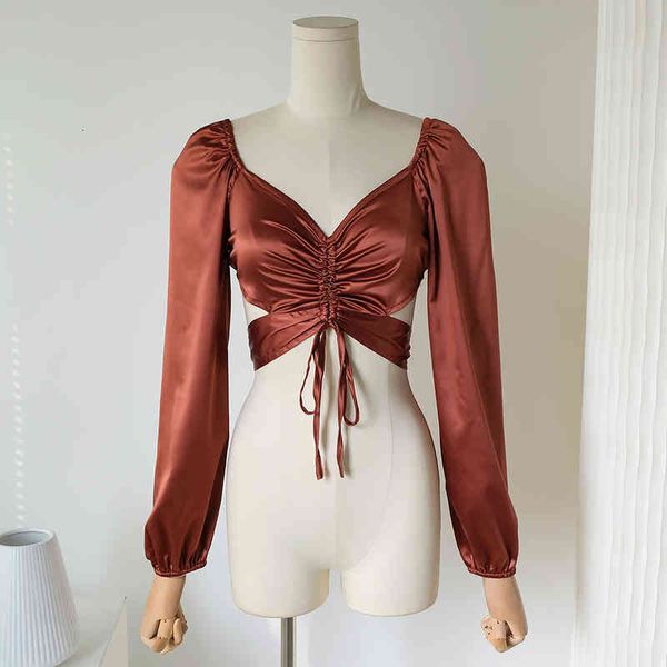 

women's knits tees foreign trade original order romantic and elegant satin bandage bow design feeling backless pullover short long slee, White