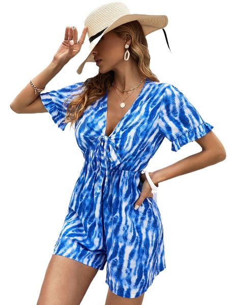 

knot front tie dye ruffle hem romper 50g5#, Black;white