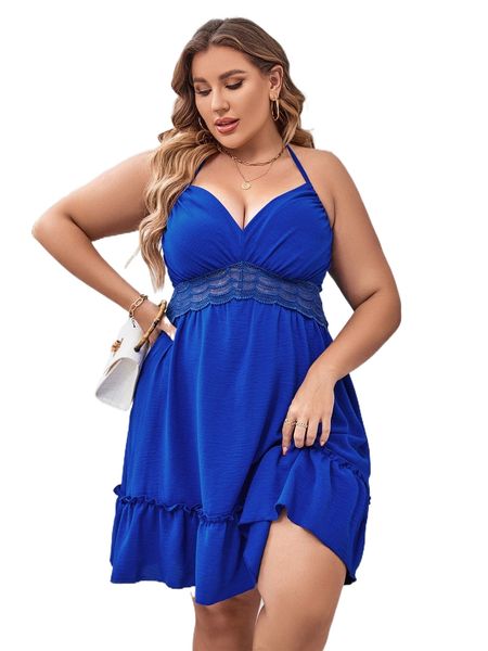 

plus contrast lace shirred tie back frill trim halter dress s1ii#, Black