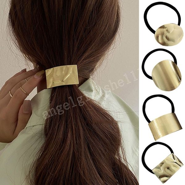 

retro gold high elastic hair rubber bands for women girls vintage metal hair rope geometric hollow rectangle hairbands, Slivery;white