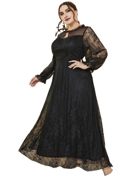

plus keyhole neck frill trim flounce sleeve lace dress 87y0#, Black