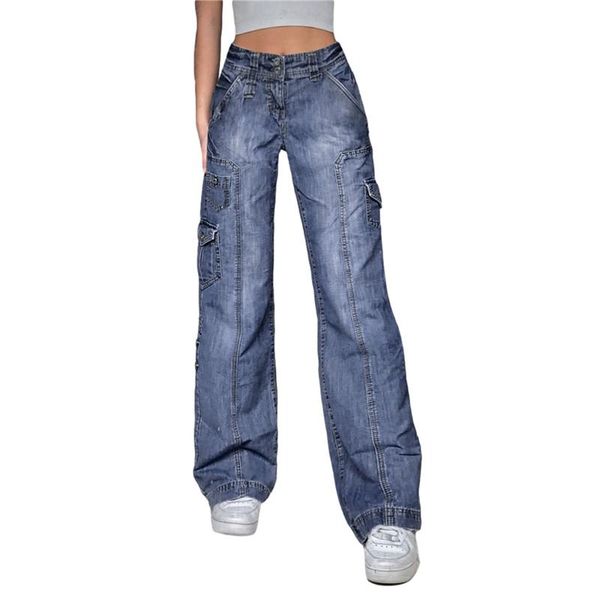 

women's jeans xingqing streetwear cargo pants baggy mom woman high waist wide leg vintage aesthetic 90s korean denim trousers, Blue