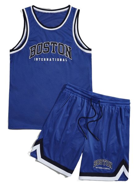 

men letter graphic contrast trim mesh tank & shorts i9uz#, Gray