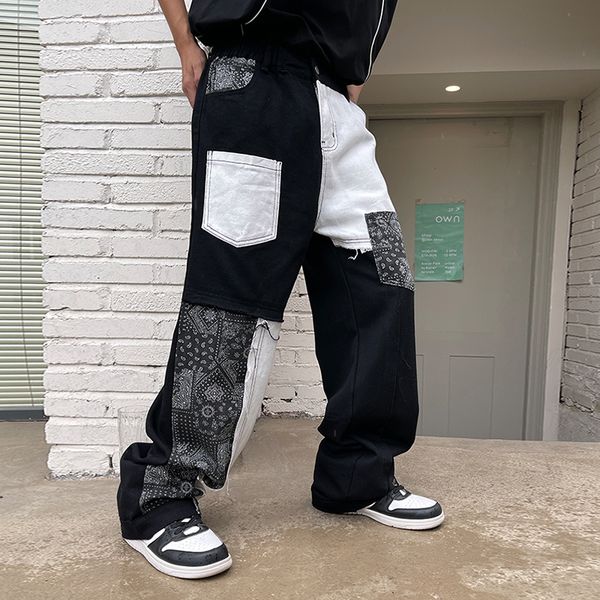 

print pockets cargo pants patchwork straight loose casual couple trousers oversized, Blue
