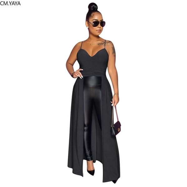 

cm.yaya women summer solid color spaghetti strap v-neck high waist maxi long t-shirt dress streetwear high split dresses 220516, Black;gray