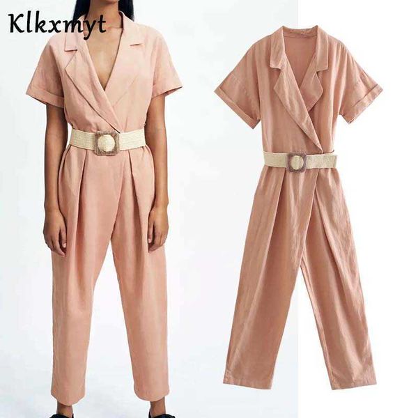 

klkxmyt za women turn down collar solid color sashes ankle length jumpsuits chic ladies short sleeve casual business romper 210527, Black;white