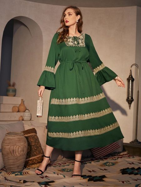 

plus appliques flounce sleeve drawstring waist knot front dress q1kd#, Black