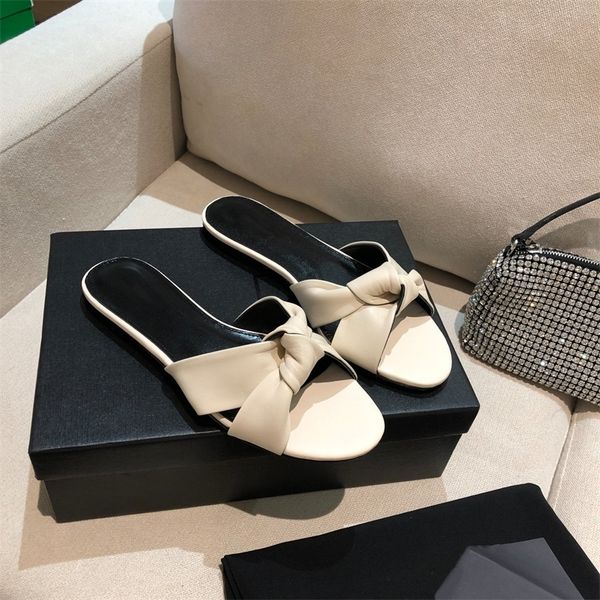 

30% off 2022 sandals size 35-41 summer for woman genuine leather designer 2022 butterfly-knot solid women slippers flat shoes, Black