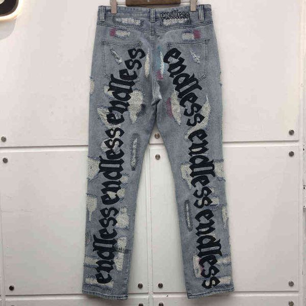 

men women jeans high-quality hip hop denim pants embroidered letters hole streetwear jeans t220803, Blue