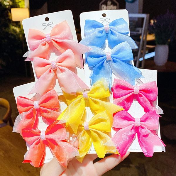 

2pcs/set korean sweet solid color bows hair clip for kids girls handmade hairpins barrettes headwear hair accessories, Slivery;white