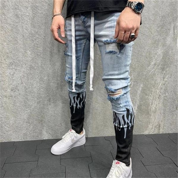 

men's jeans men hole frayed contrasting print flame colorblock skinny jeans pants, Blue
