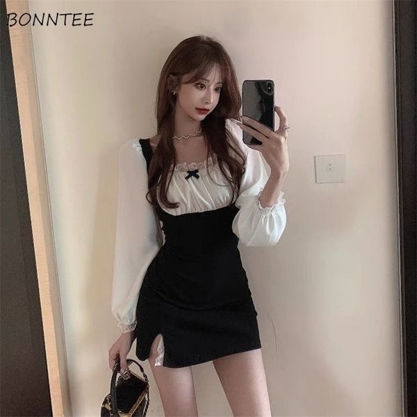 

dress women spring puff sleeve slim mini fashion korean style square collar mature feminine leisure sweet street cool 220705, Black;gray