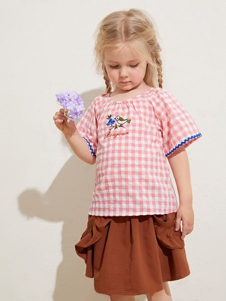 

toddler girls contrast wave tape bird embroidered gingham she, White;black