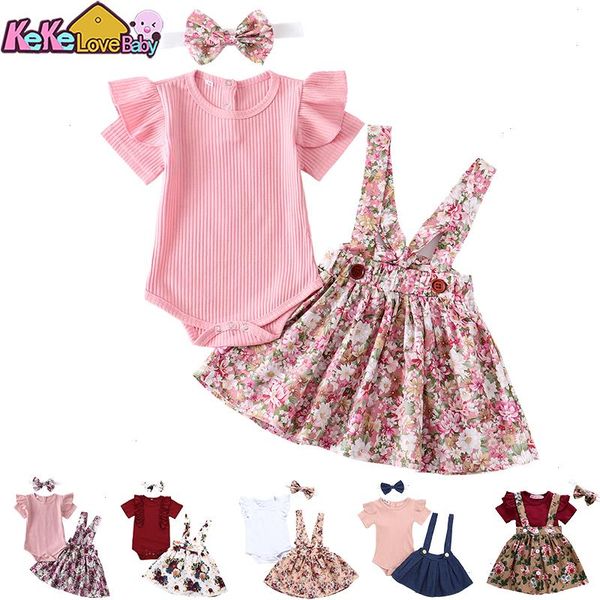 

3pcs baby girl clothes set summer newborn infant solid color romper ruffle floral dress overalls outfit for toddler clothing, White