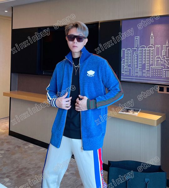 

xinxinbuy designers jackets men webbing stripe double letter fabric women lapel neck streetwear blue white m-2xl, Black;brown