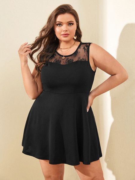 

plus solid contrast lace dress g4n8#, Black