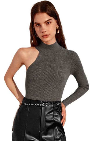 

asymmetrical neck rib-knit mock neck sweater a84y#, White;black