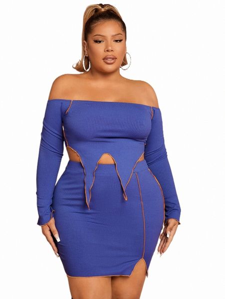 

sxy plus off shoulder contrast piping asymmetrical hem & split skirt h9il#, Black