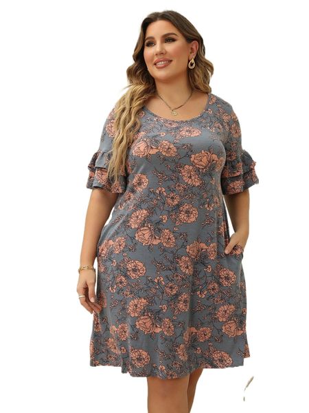 

plus floral print flounce sleeve tee dress 78is#, Black