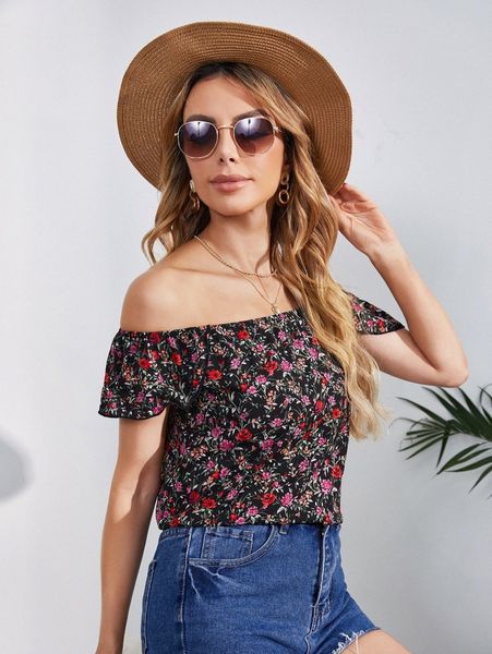 

allover floral print off shoulder t2sm#, White