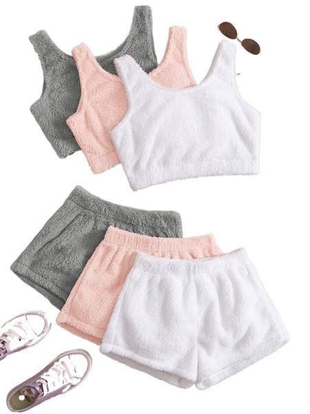 

6pcs solid flannel tank & shorts lounge set y95f#, Black;red