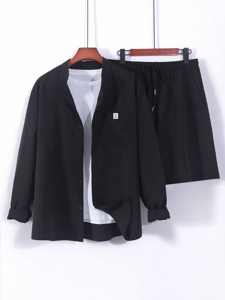 

men letter patch pocket front shirt & drawstring shorts without tee q7ba#, Gray