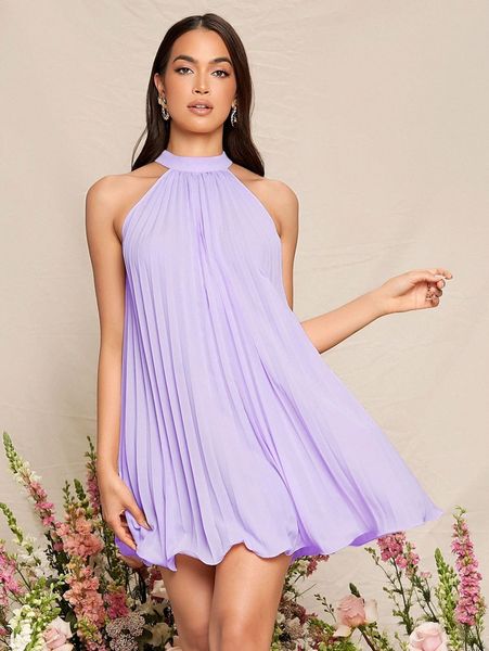 

tie back pleated halter dress 02ho#, Black;gray