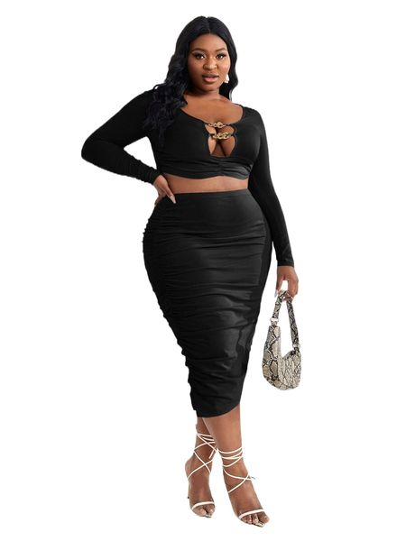 

sxy plus chain detail cut-out crop & pencil skirt set u4eq#, Black