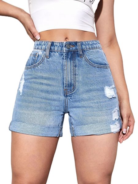 

ripped detail roll hem denim shorts o0po#, White;black