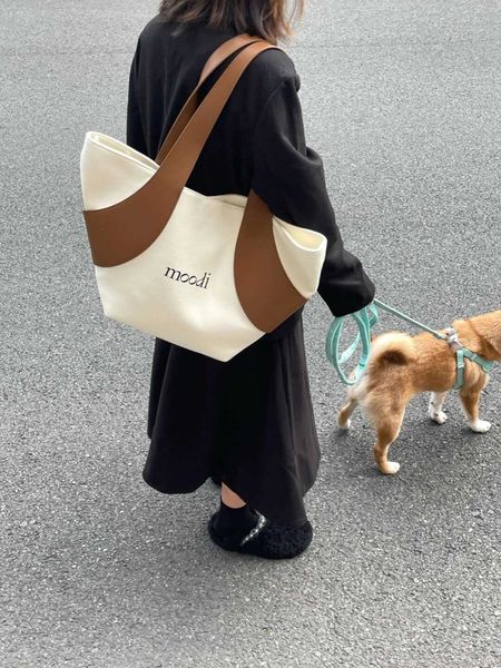 

showecomfort01 store 2022 korean minority design moodi canvas pu splicing single shoulder bag leisure commuter bag large capacity tote bag