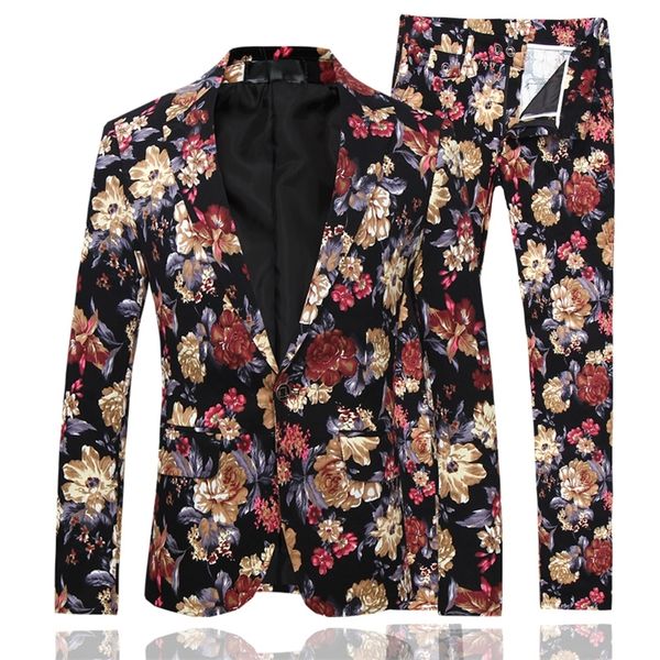

jacket pants men business casual slim suit 2 pieces sets fashion flower printed tuxedo wedding formal dress blazer floral coat 220409, White;black