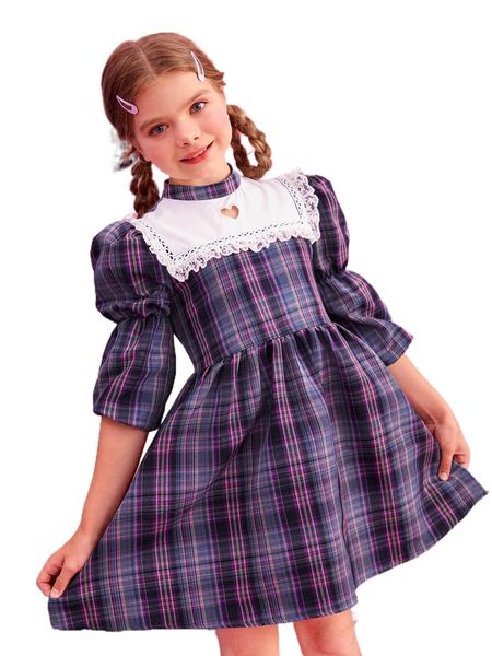 

girls plaid print lace trim dress 89xb#, Black;white