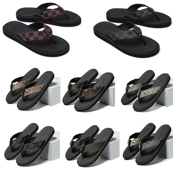 

luxury printed designer slippers mens comfort rubber slides sandals black brown grey with grid pattern flower outdoor beach casual flip flop