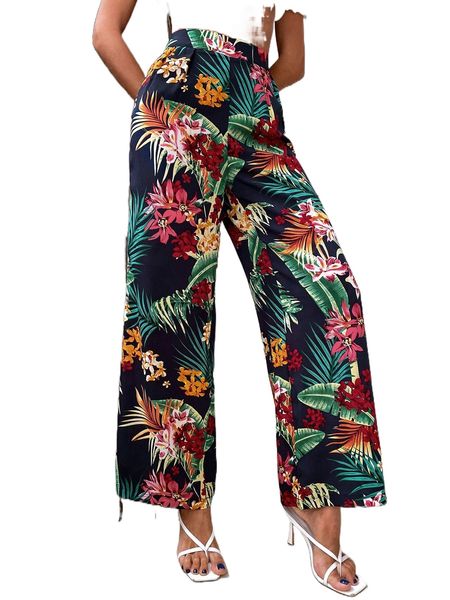 

tropical & floral print wide leg pants r7cd#, Black;white