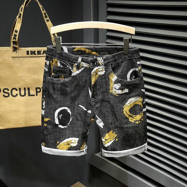 

men's jeans printing fashion men's denim shorts elastic casual straight knee-length youthful trend male streetwear bermuda, Blue